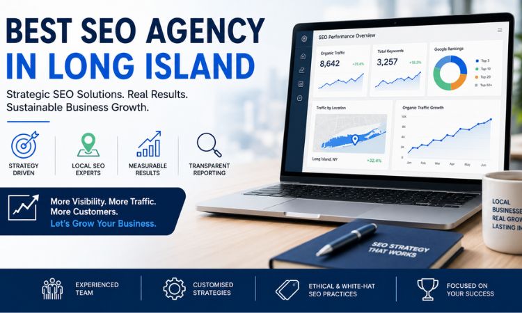 A promotional banner for the Best SEO Agency in Long Island, featuring a laptop displaying SEO performance analytics, icons highlighting strategy-driven services, local SEO expertise, measurable results, and transparent reporting.